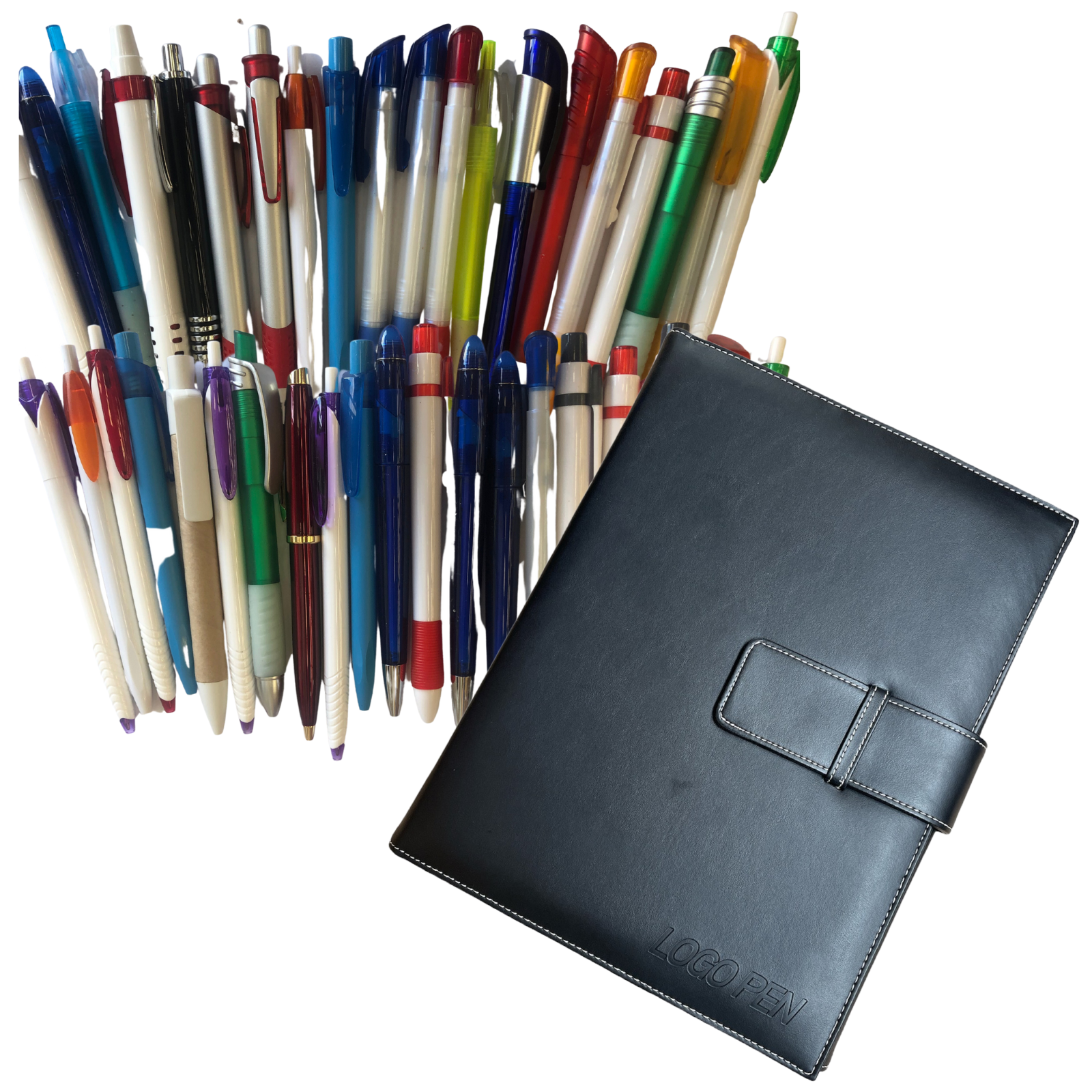 Ball point pen holder folder with dark cover and snap strap, pens arranged behind