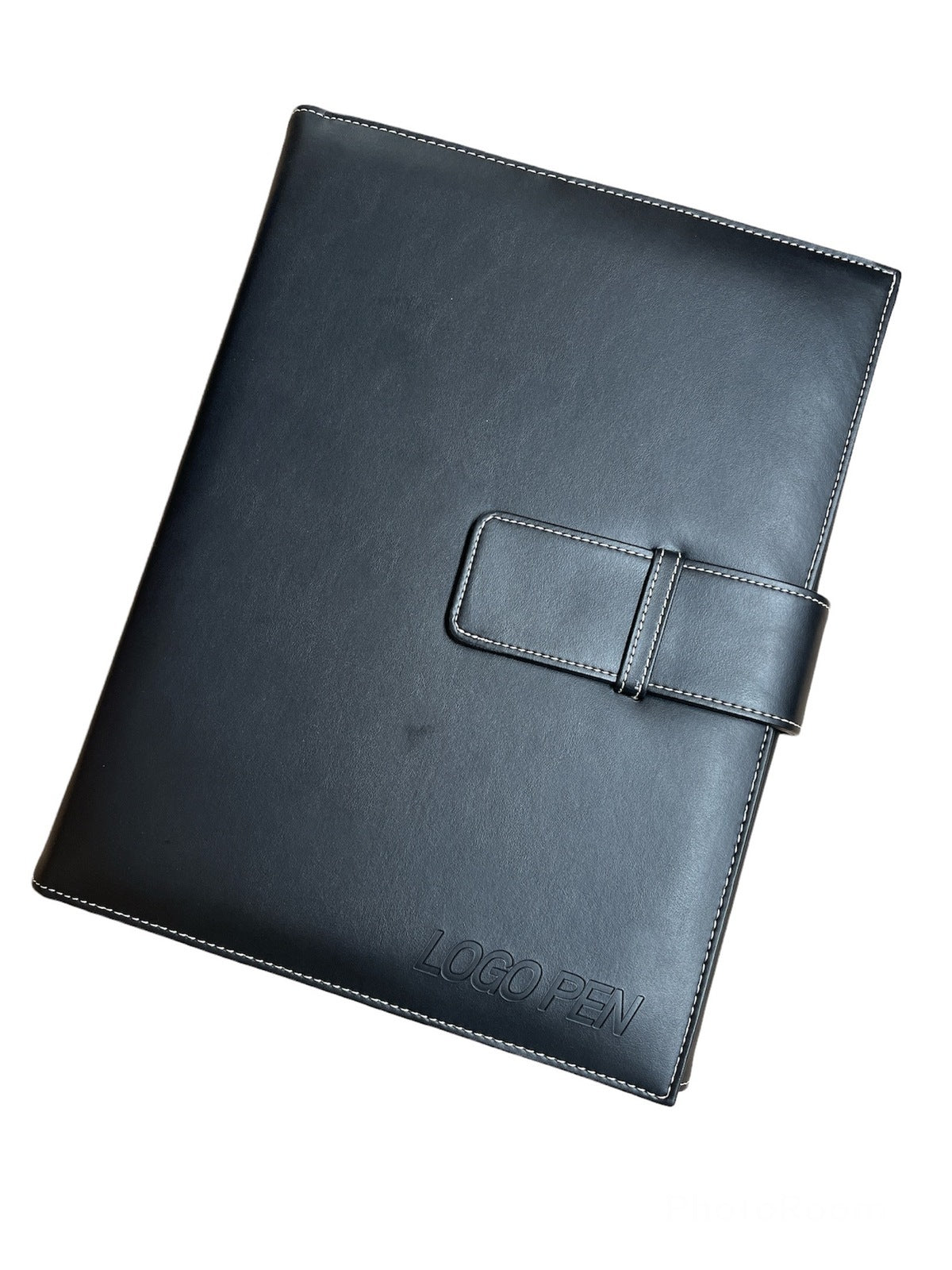 Dark pen holder folder with stitched strap detail and embossed logo