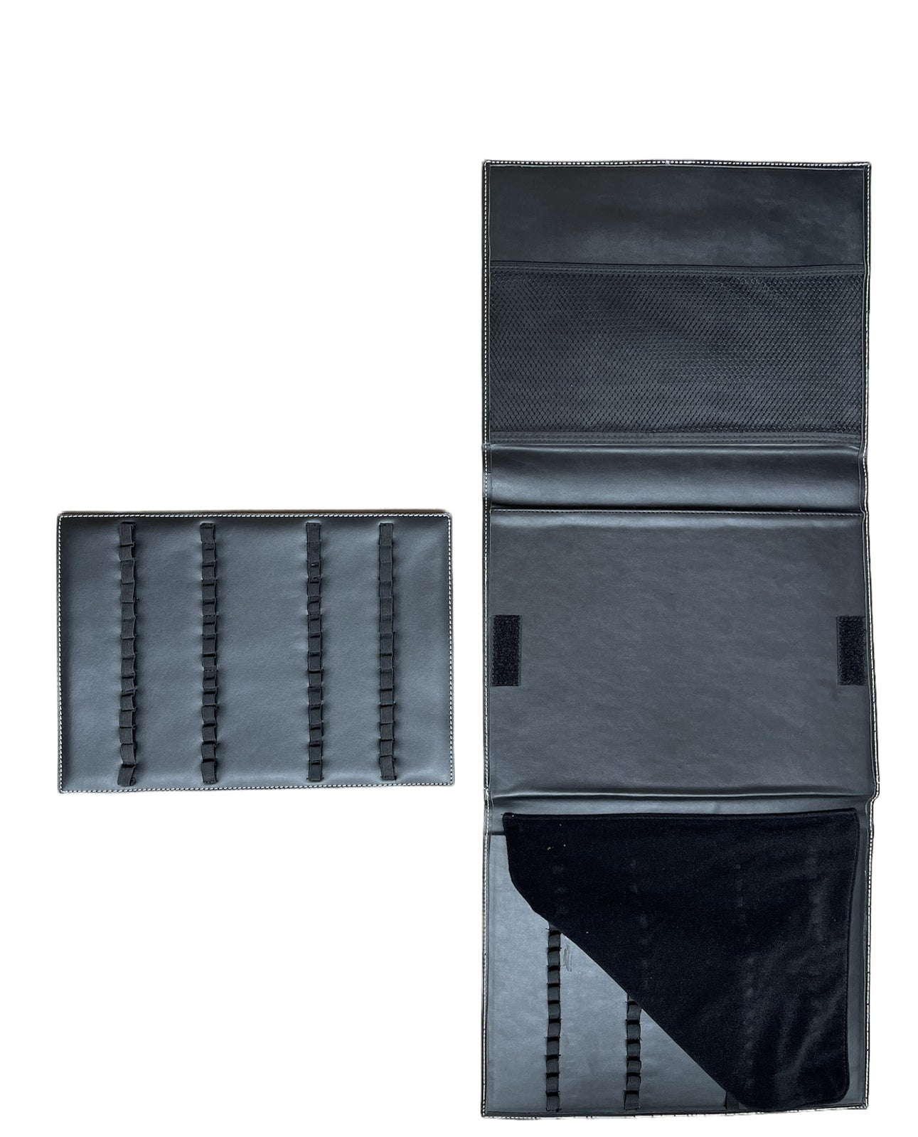 Pen holder folder open with pen slots and inner pocket, dark gray