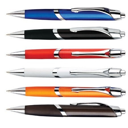 Close-up of assorted ballpoint pens: blue, black, red, white, orange, and brown with metal tips