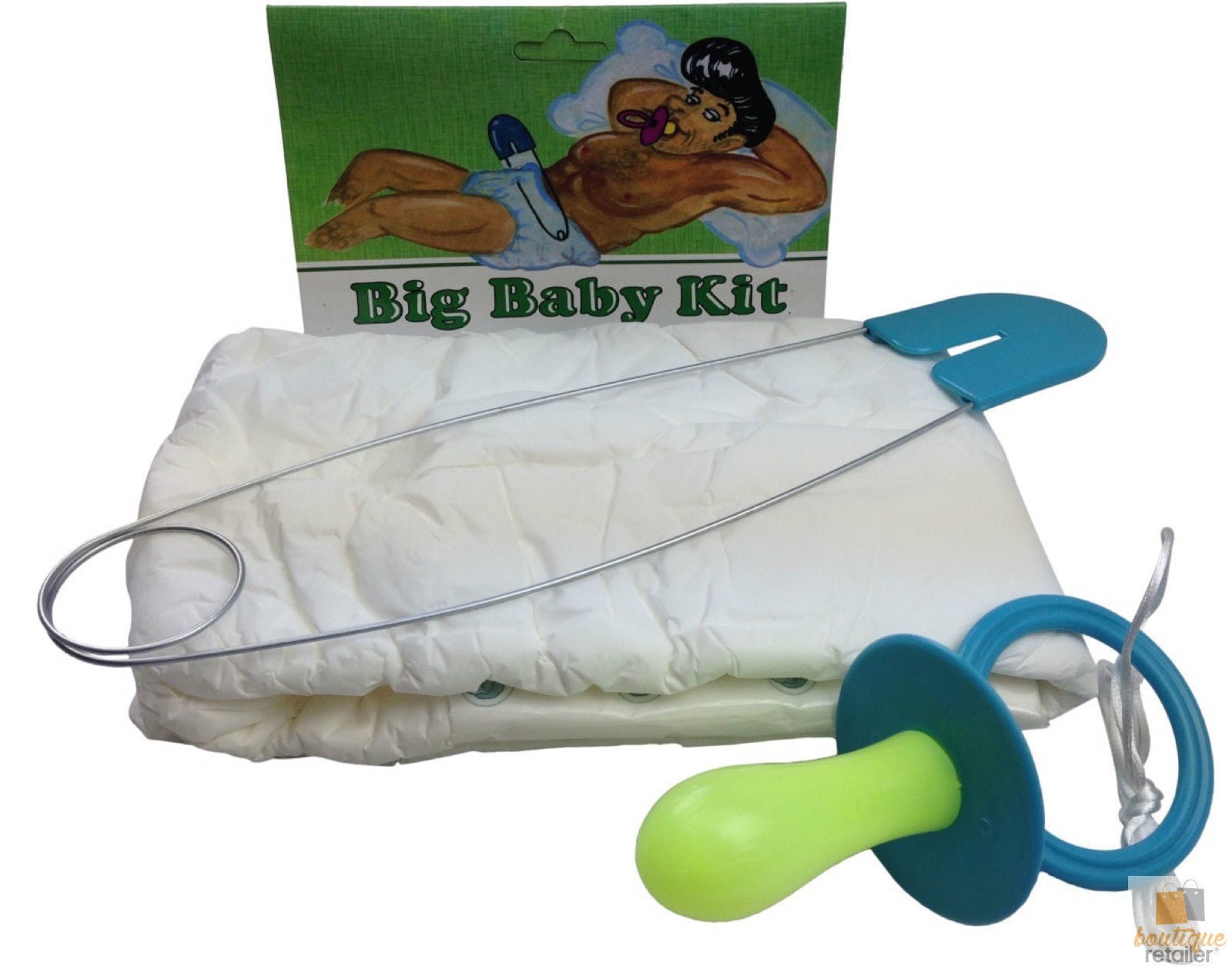 Adult baby costume diaper set with white nappy, blue tube, and green/blue pacifier