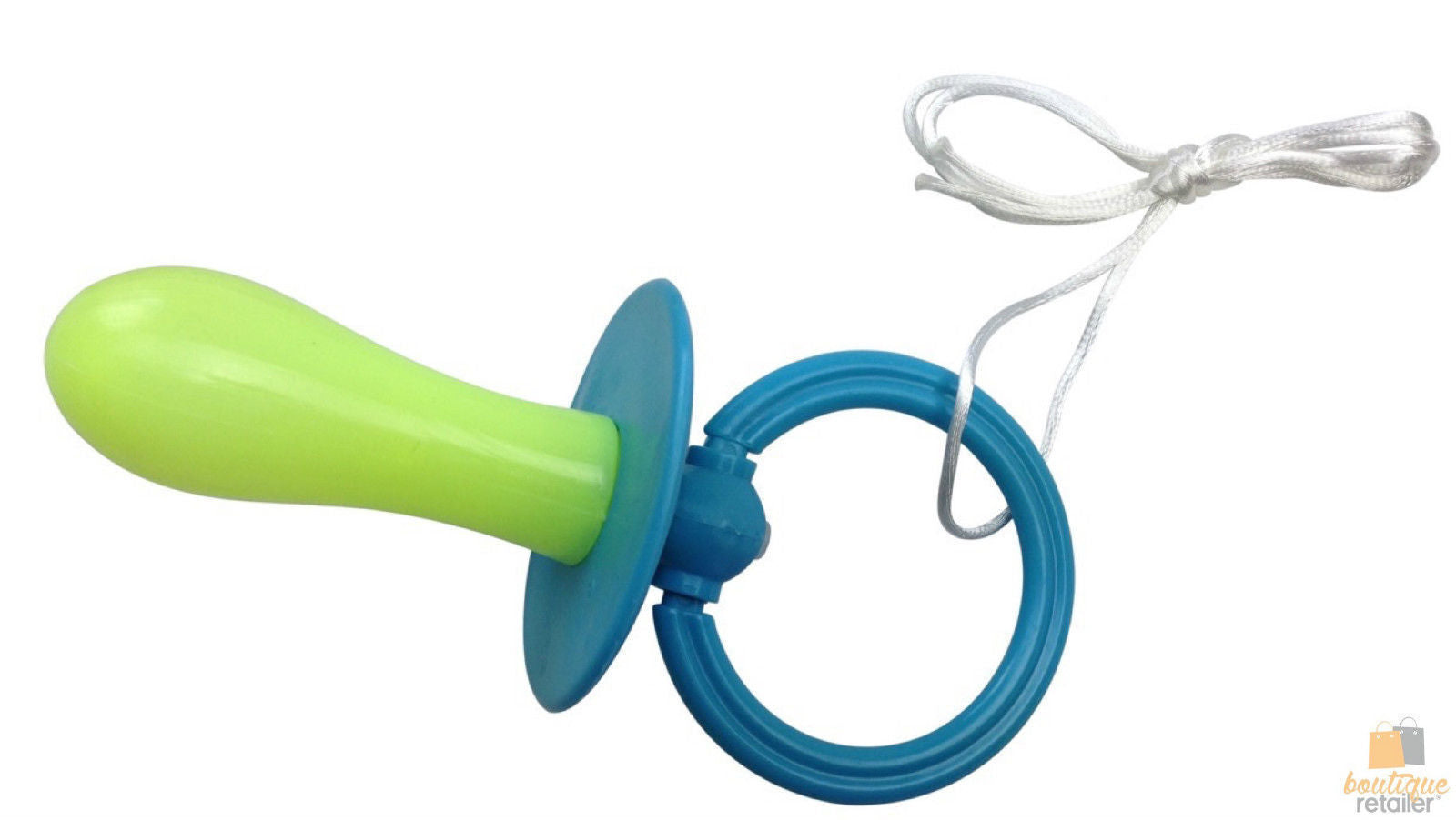 Green and blue dummy pacifier with white string and coiled blue tubing