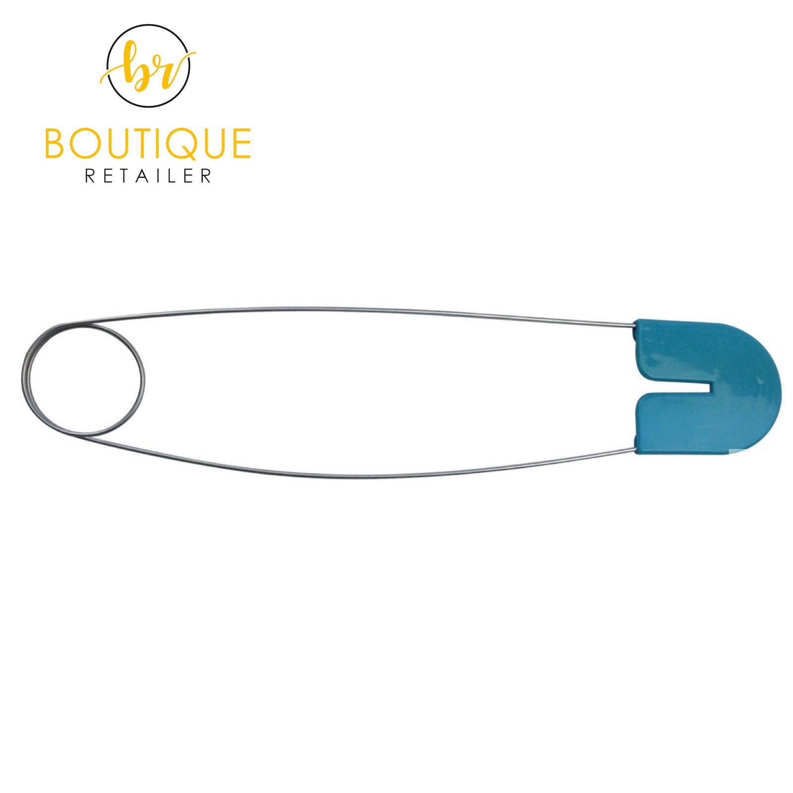 Blue plastic diaper fastener with long metal loop and white hanging string