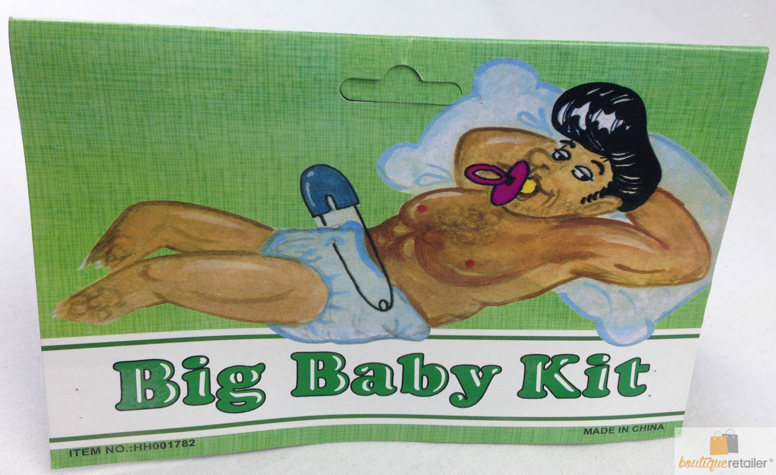 Costume kit package featuring a baby diaper illustration and green title text
