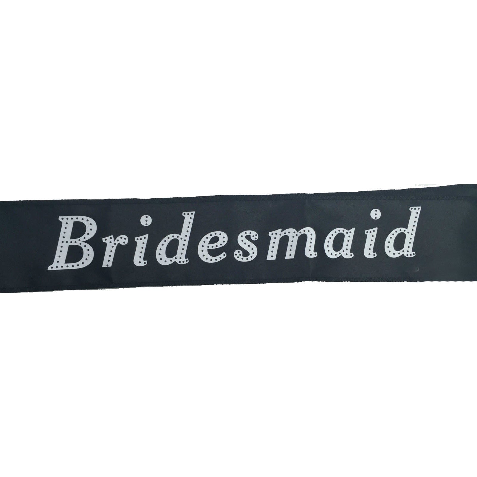 Black satin sash with glitter 'Bridesmaid' text.