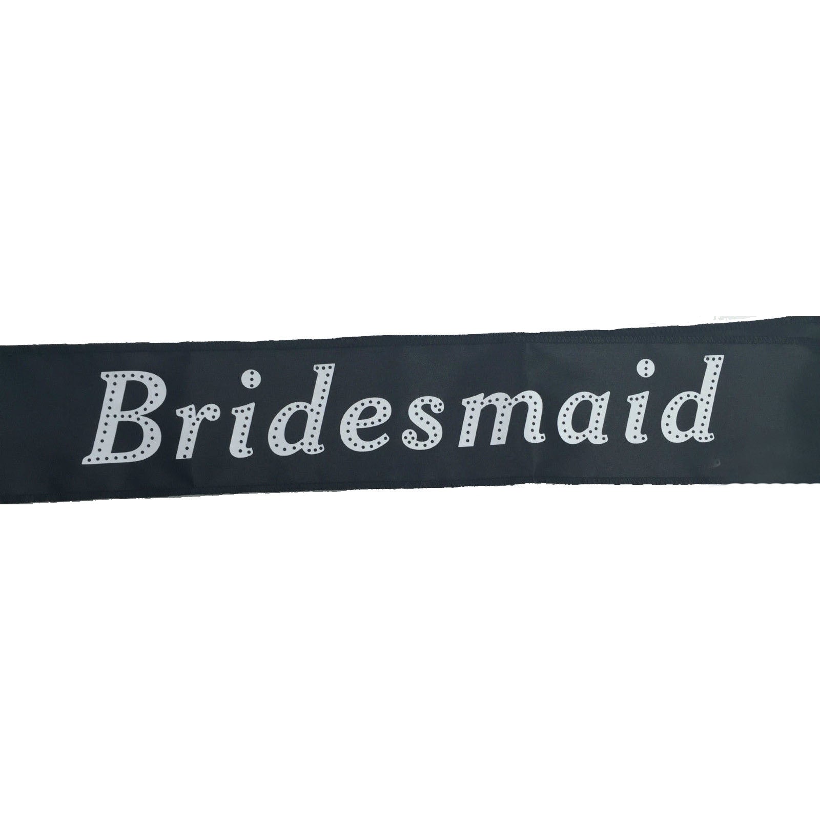Black satin bridesmaid sash with glitter 'Bridesmaid' lettering.