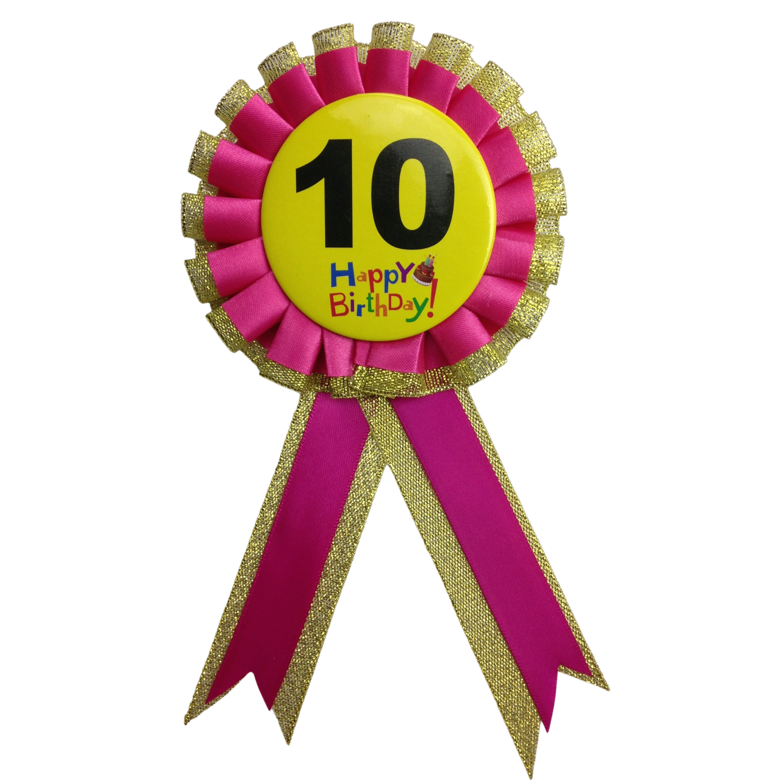 10th birthday rosette badge with gold glitter trim, fuchsia and gold ribbon streamers