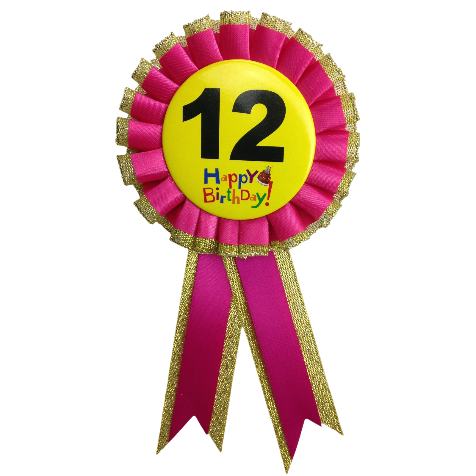 Birthday award rosette with yellow 12 center, pink pleats, gold glitter edges