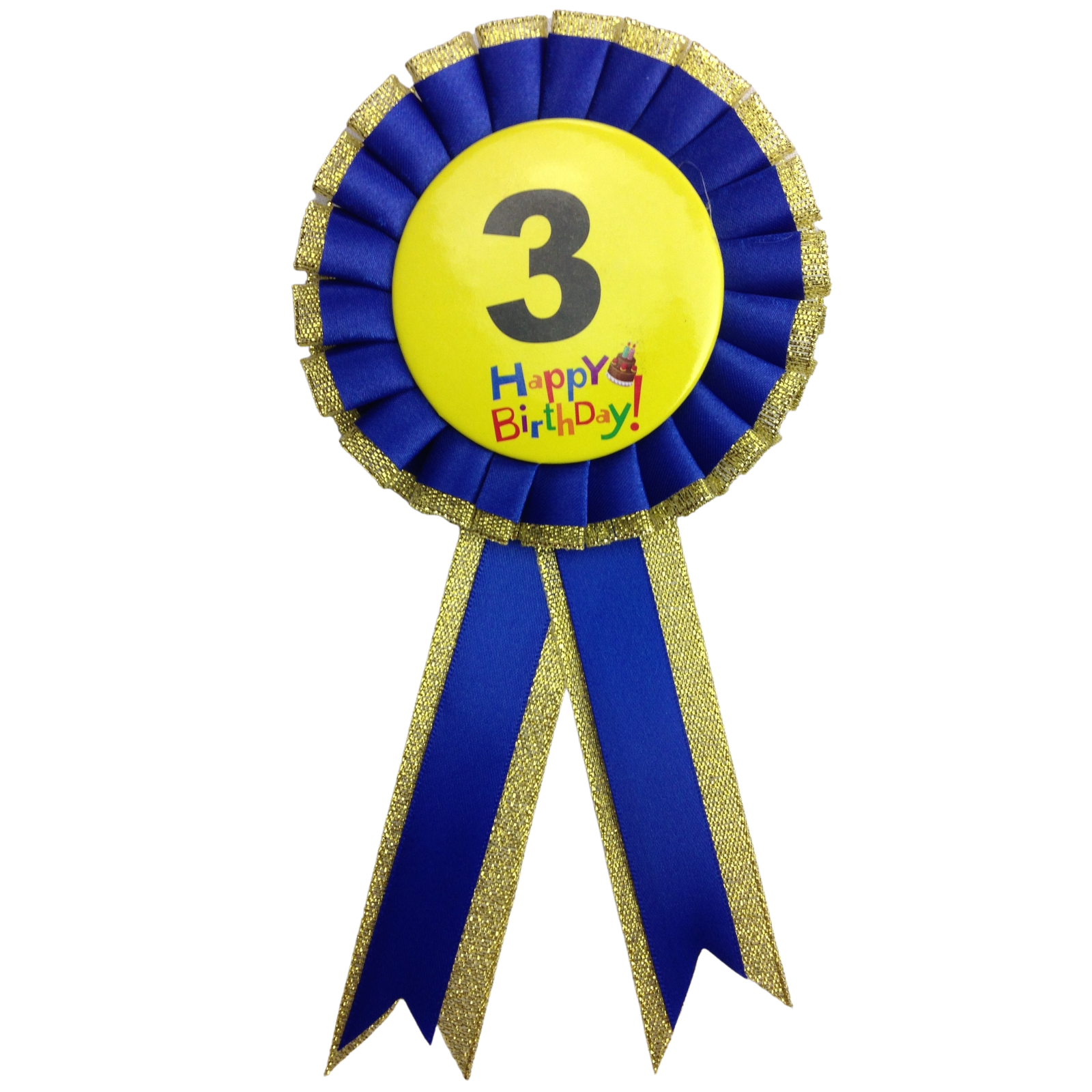 Blue and gold birthday rosette badge with 3 and Happy Birthday!