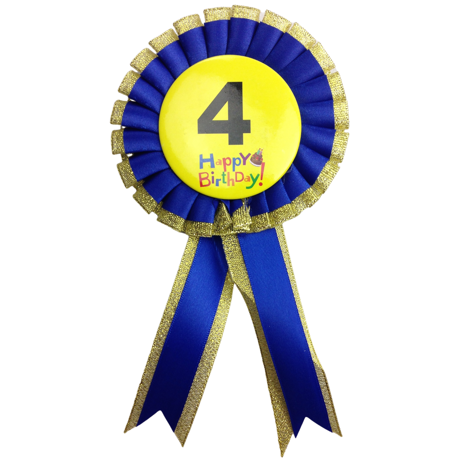 Birthday rosette badge with number 4 and Happy Birthday text, blue and gold ribbons.