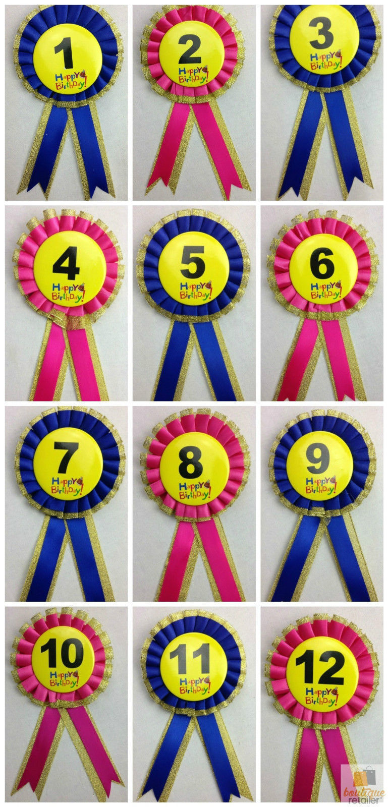 Set of 12 birthday rosette badges numbered 1–12 with blue and pink ribbon centers