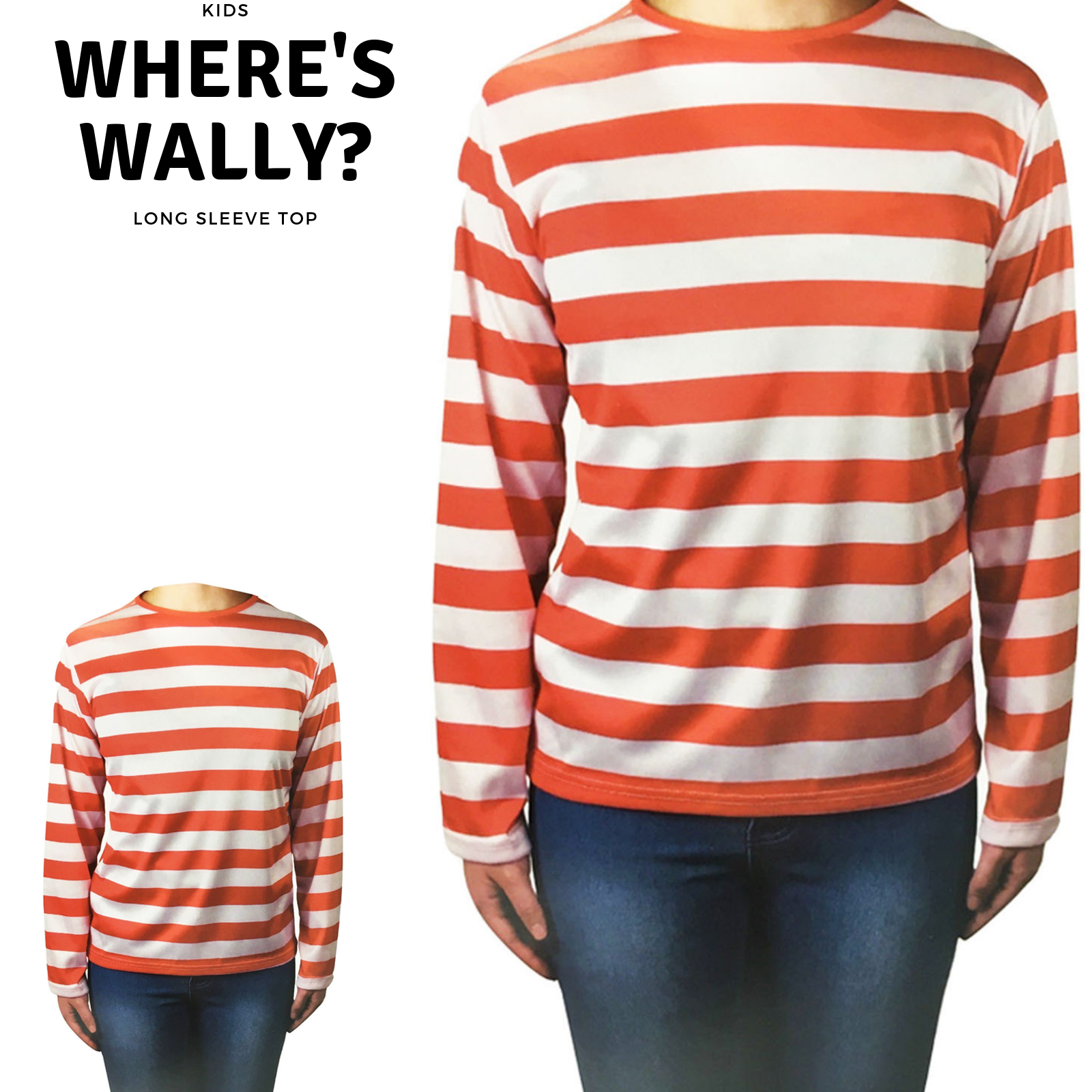 Kids long-sleeve striped top, front view with small back inset, red and white stripes