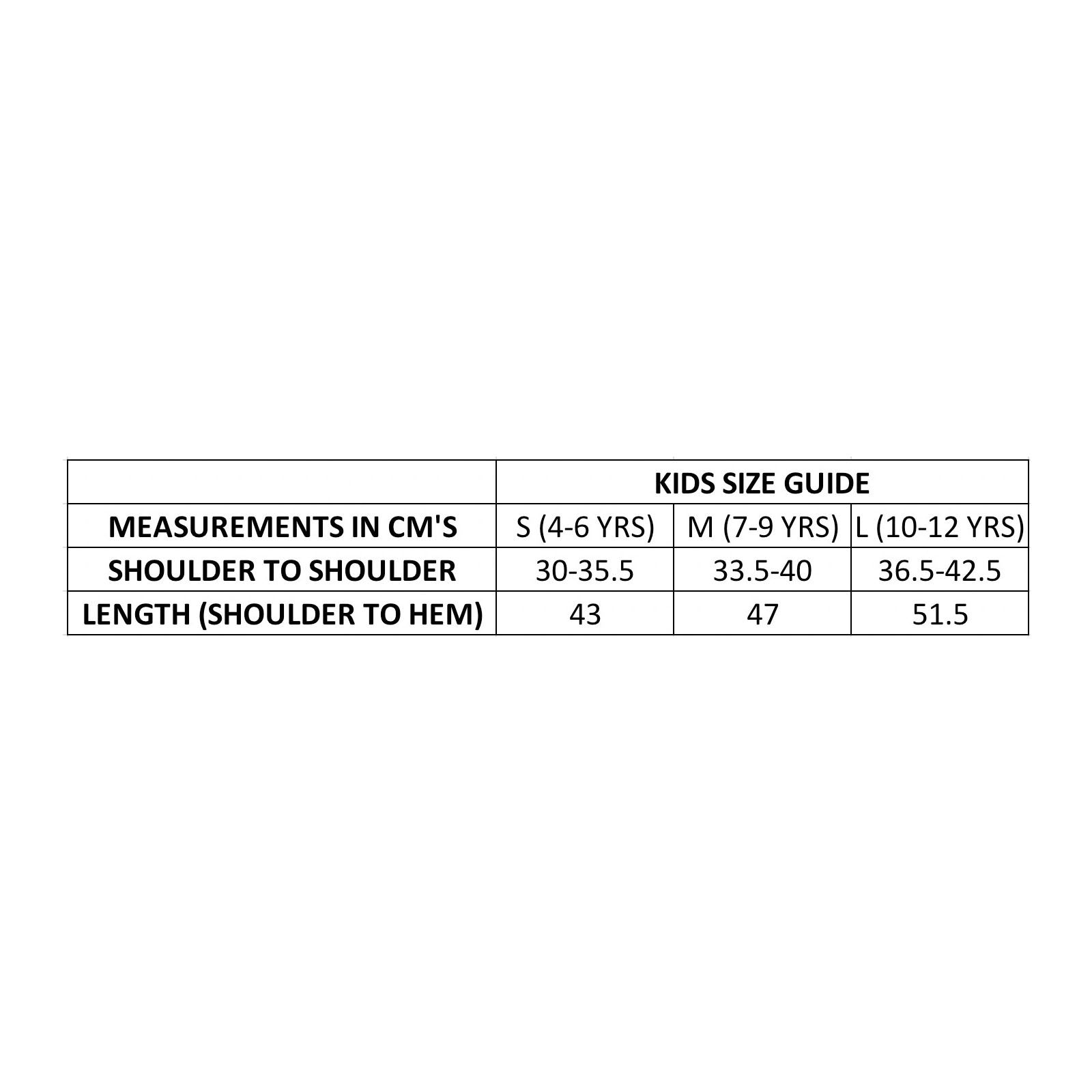 Kids size guide measurement chart for long sleeve top, in cm