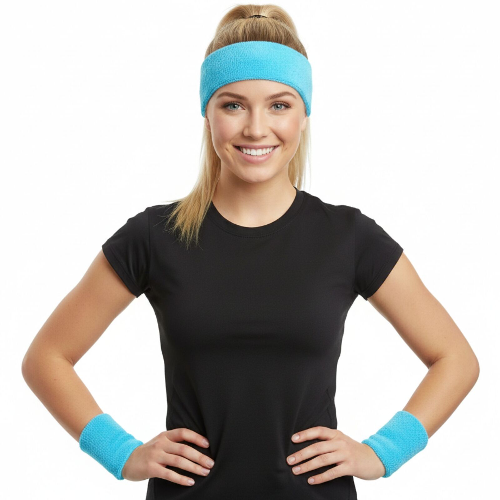 WRISTBAND & HEADBAND SET Tennis Terry Towelling Cotton Sweat Band Team Gym  - Sky Blue