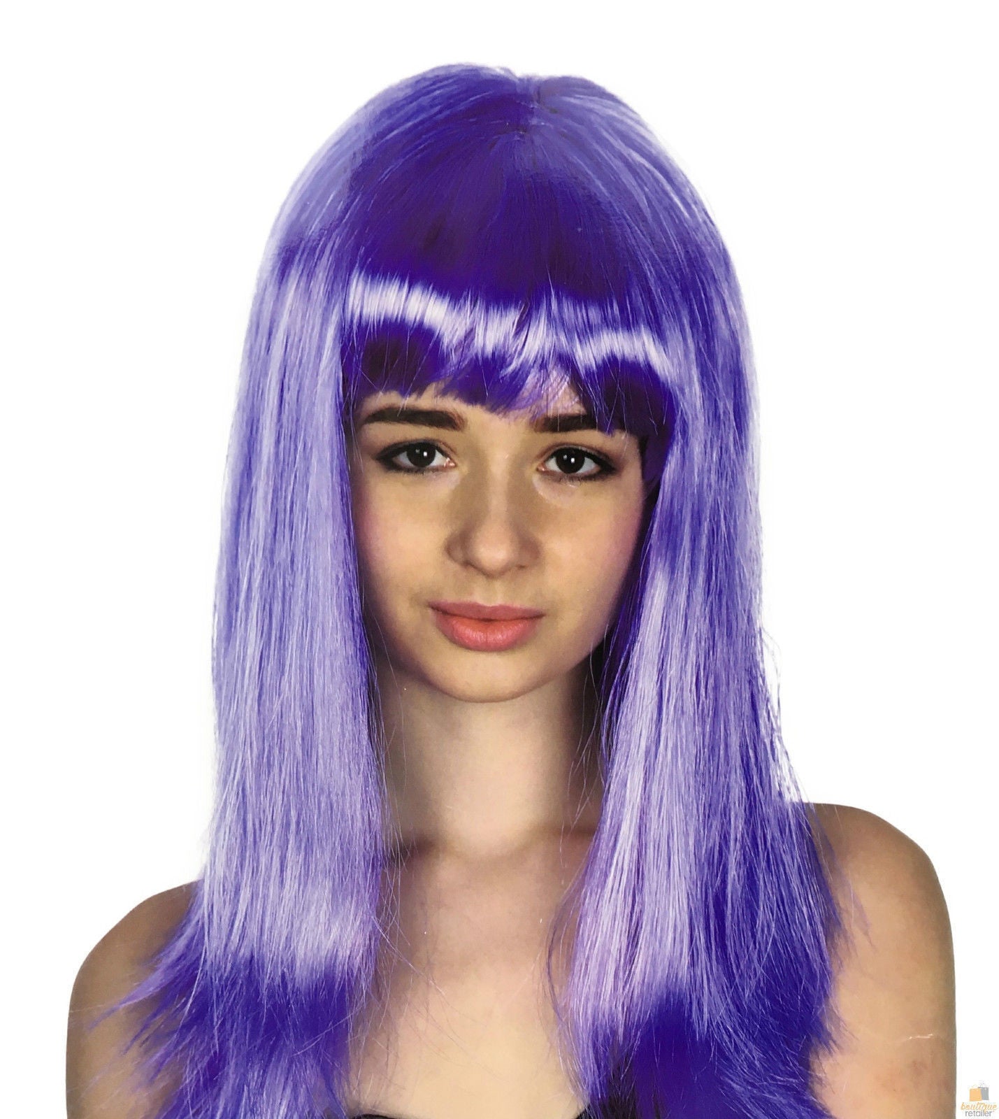 Purple long straight wig with full fringe and center top, worn over shoulders.