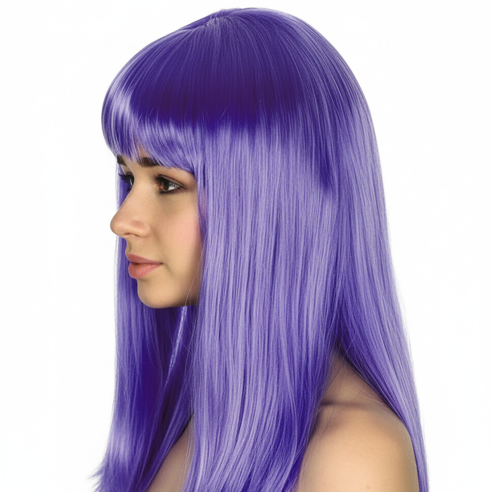 Purple long straight wig with fringe, full-length smooth hair in side profile.