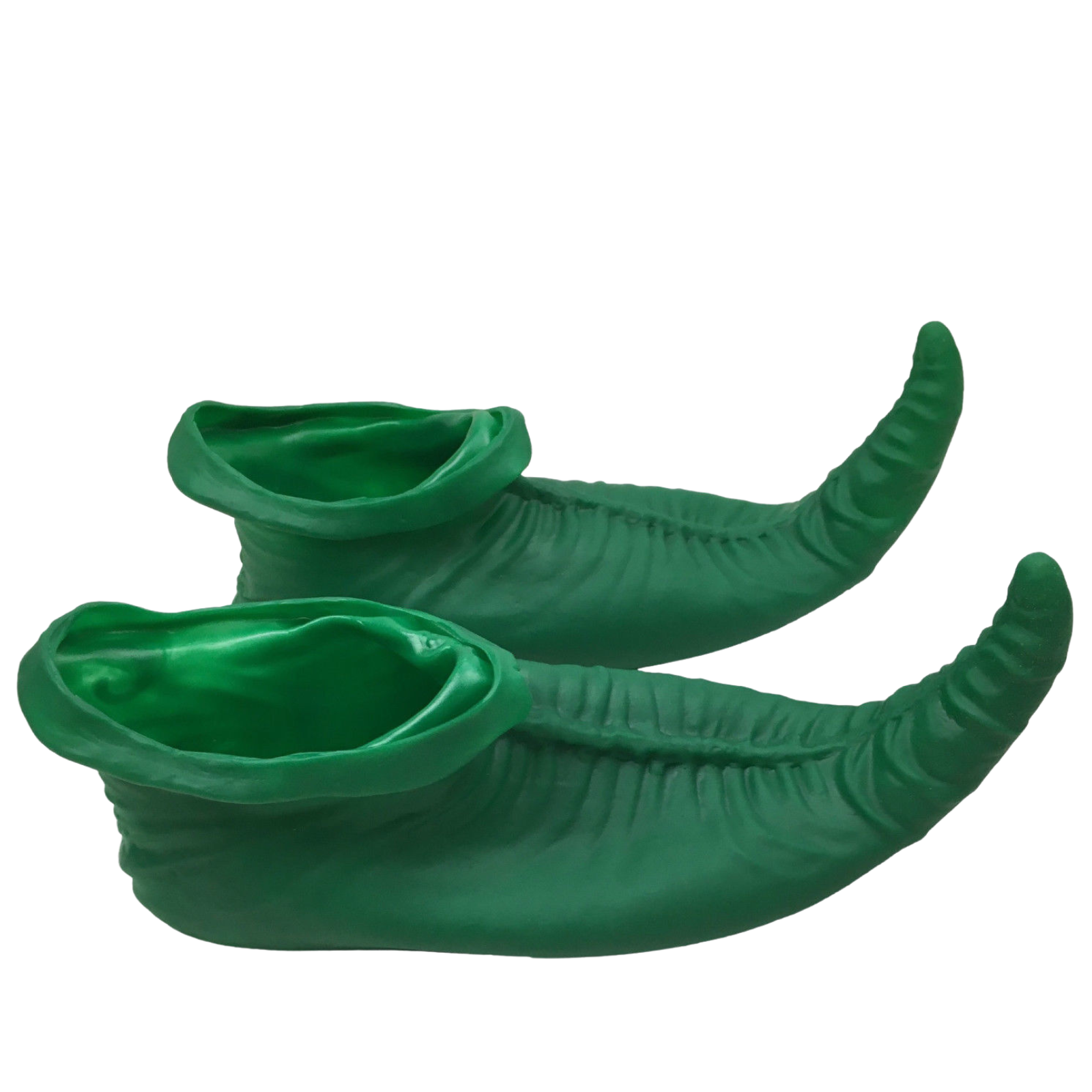 Green latex elf costume boots with ribbed shaft and pointed toe, open cuff