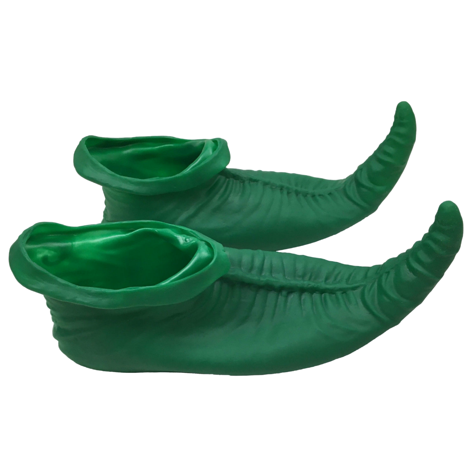 Green latex elf boots set with open cuffs, ribbed midsection, and curved pointed toes