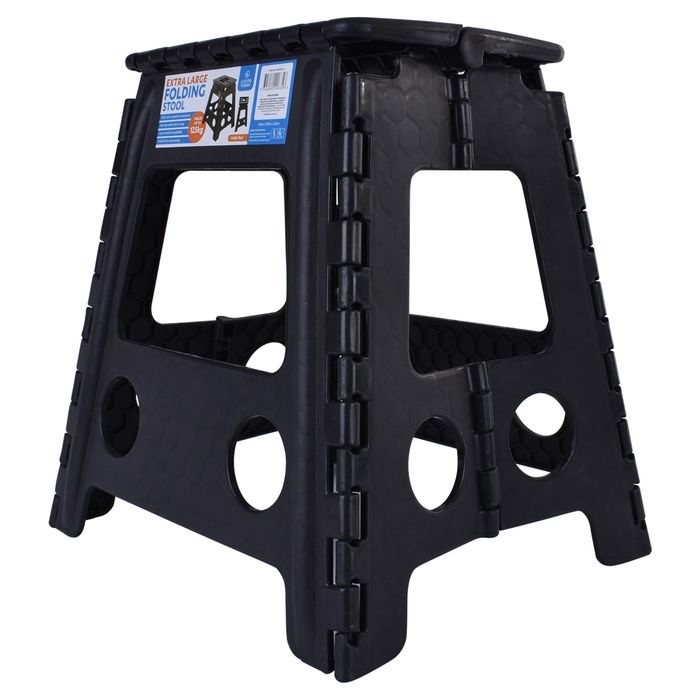 Black folding step stool with perforated top, side hinge bars, and oval grip cutouts