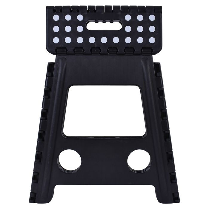 Black plastic folding step stool with perforated platform and oval top cutout holes