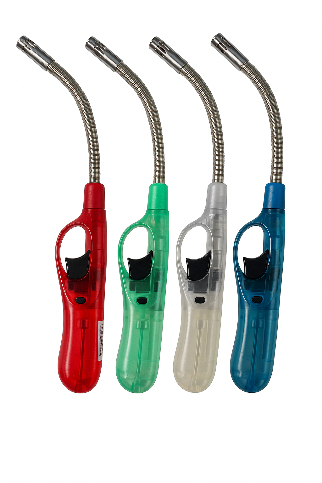 Four clear flexible gas lighters with safety locks, upright in red, green, silver, blue