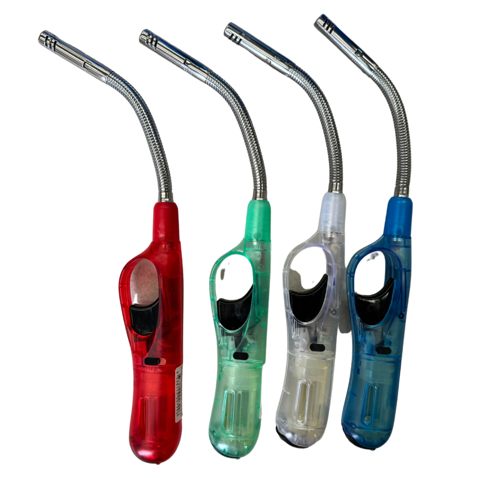 Set of 4 safety-lock gas lighters in red, green, clear, and blue with flexible spouts.