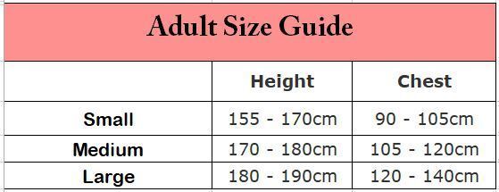 Adult size guide chart listing height and chest measurements for Small, Medium, Large.