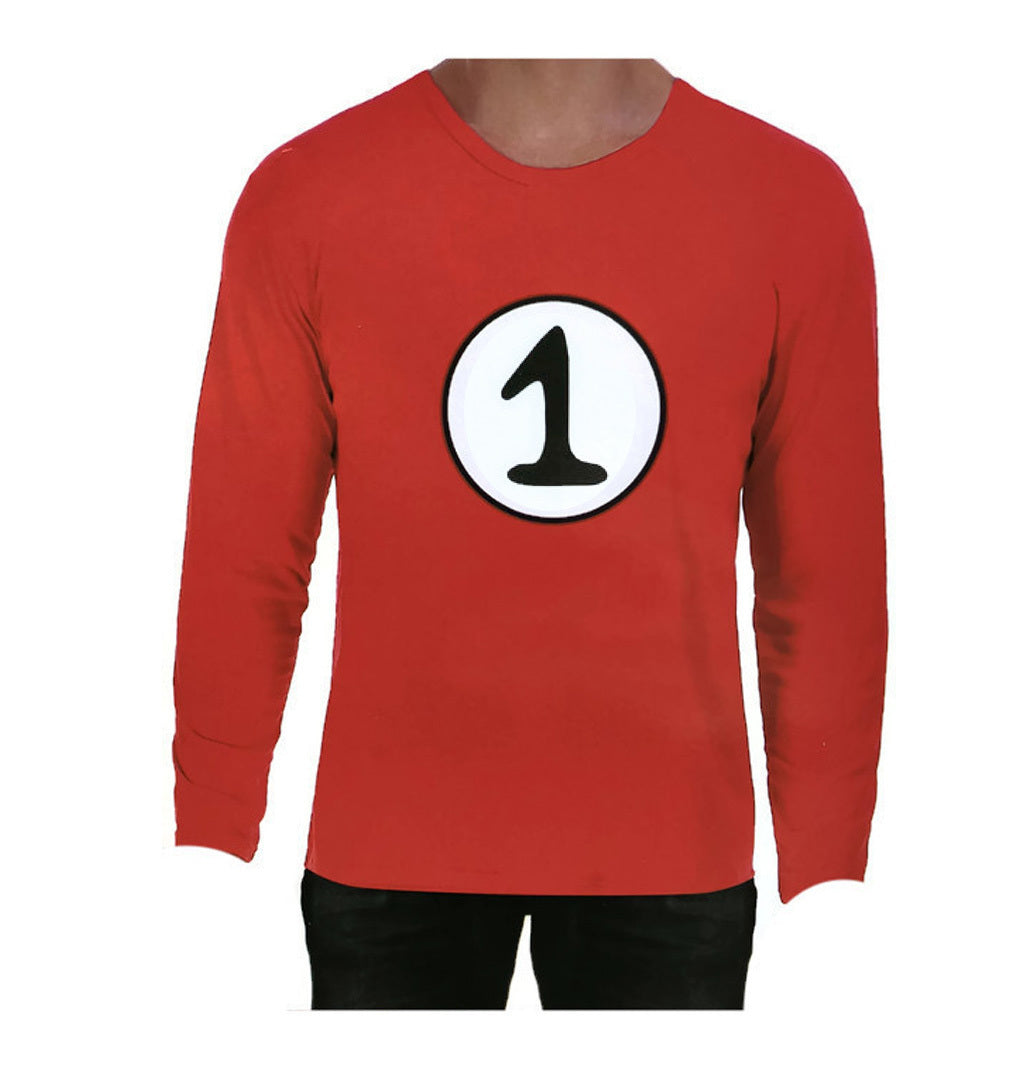 Red long-sleeve top with round white badge featuring black number 1 graphic