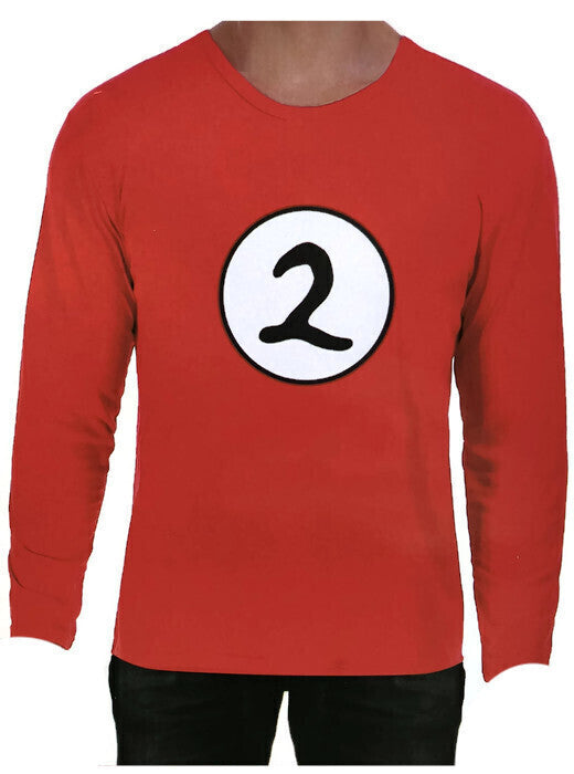 Adult long-sleeve costume top, red crew neck with Thing 2 '2' graphic on front