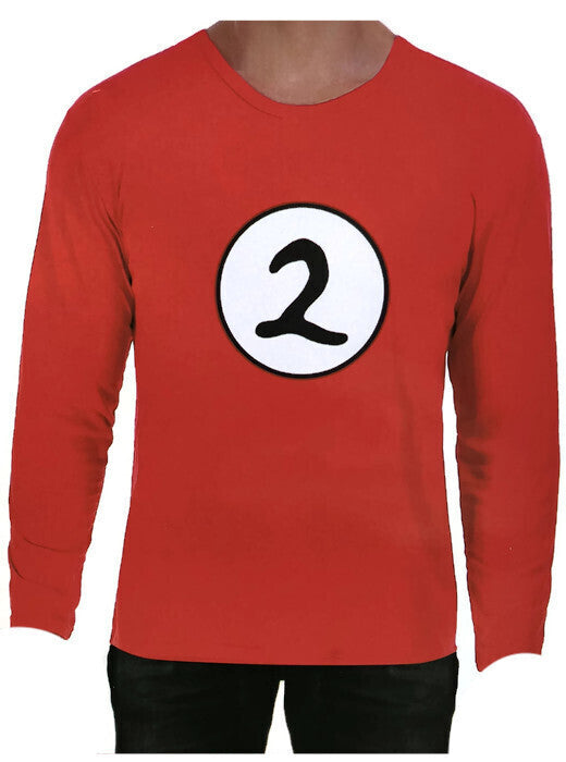 Adult long-sleeve red costume top with crew neck and black-outlined '2' emblem center