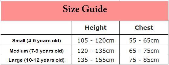 Kids long-sleeve top size guide chart with height and chest measurements