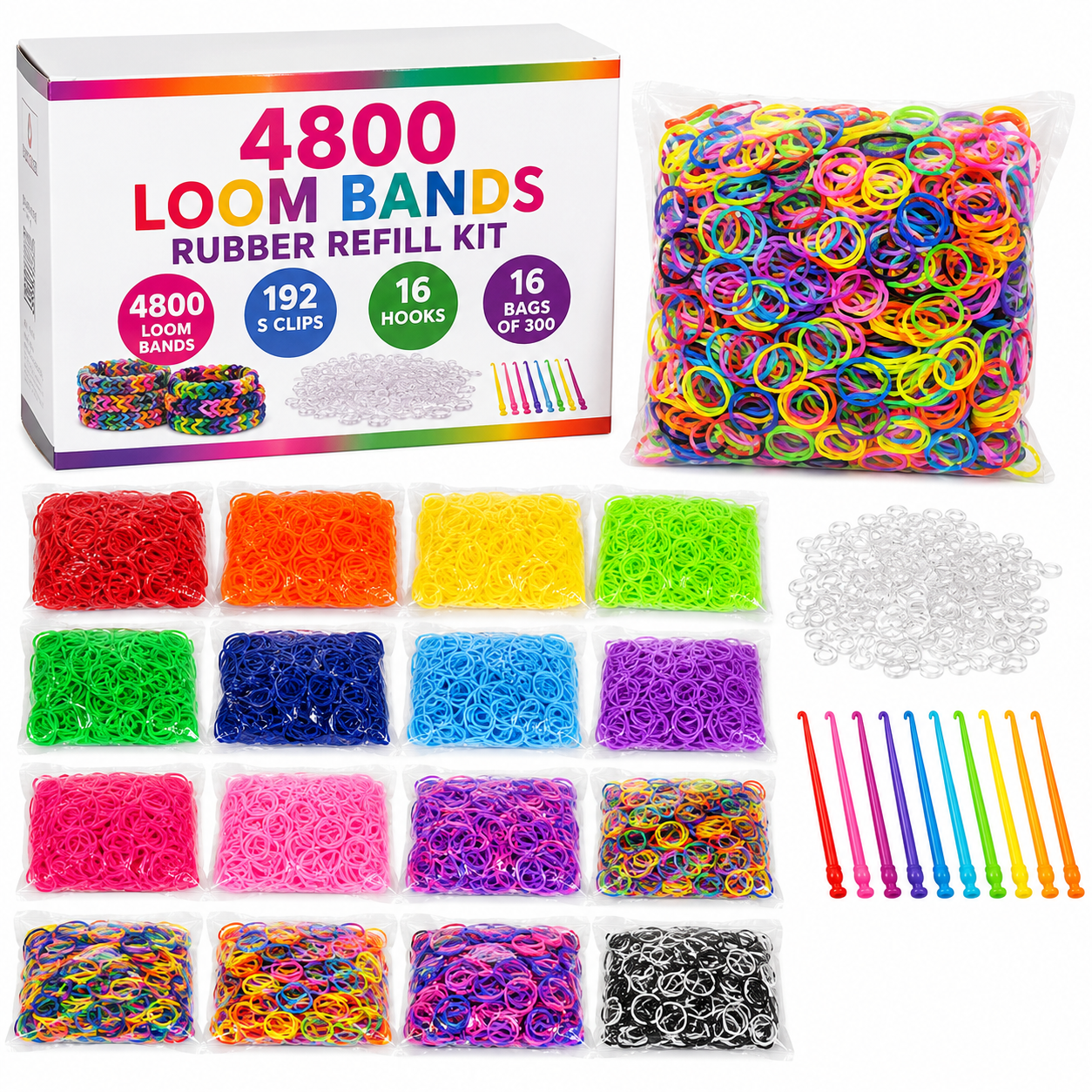 4800 LOOM BANDS Rubber Refill Kit DIY Magical Bracelet 192 S Clips 16 Hooks BULK - Mixed Colours Bedworld
