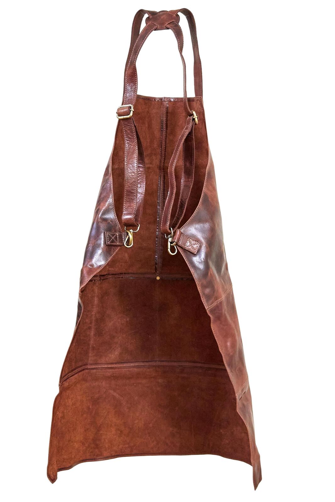 Cognac leather apron with top handle, side ties, and large front pocket
