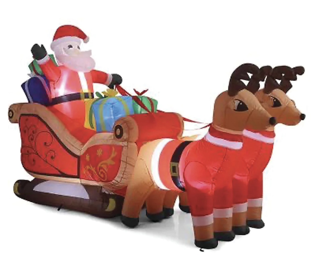 Inflatable Santa and reindeer sleigh decoration with colorful gift carriage and LEDs