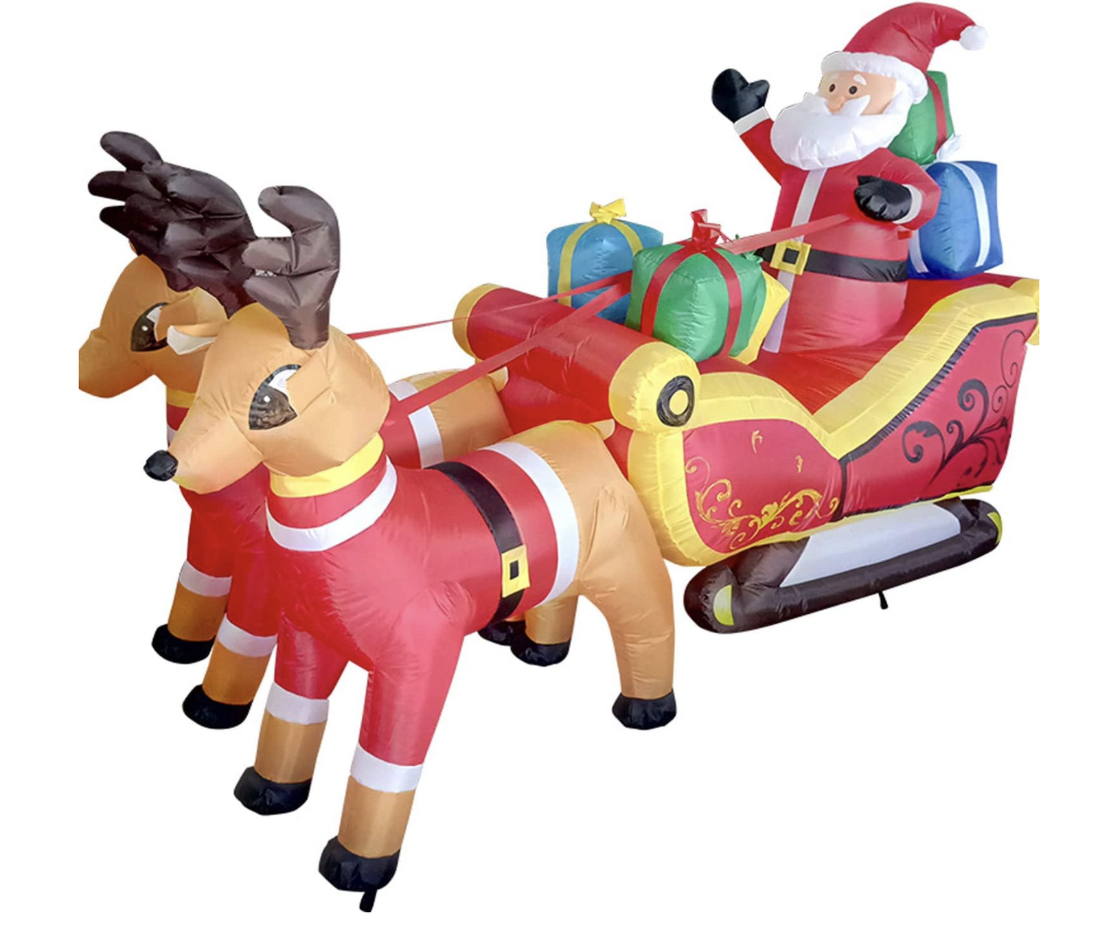 Inflatable sleigh decoration with Santa figure, gift bundle, and reindeer