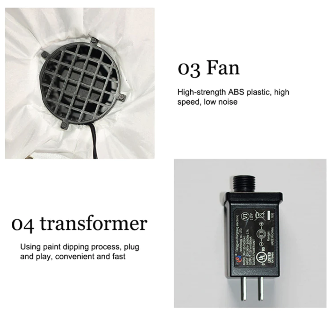 Inflatable fan housing with transformer power module for LED light system