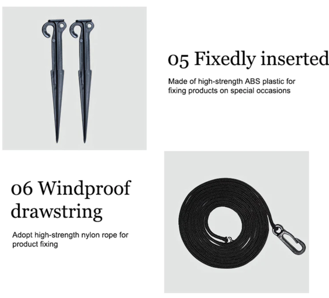 Inflatable securing accessories: windproof drawstring with fastening stakes