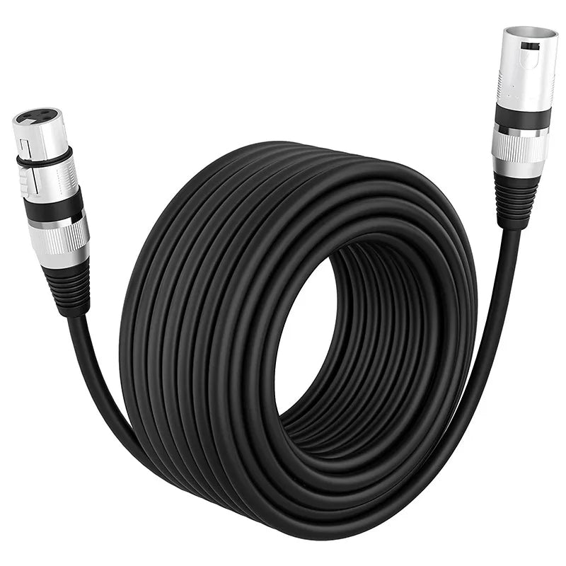 1m XLR male-to-female audio cable, coiled black with silver metal connectors