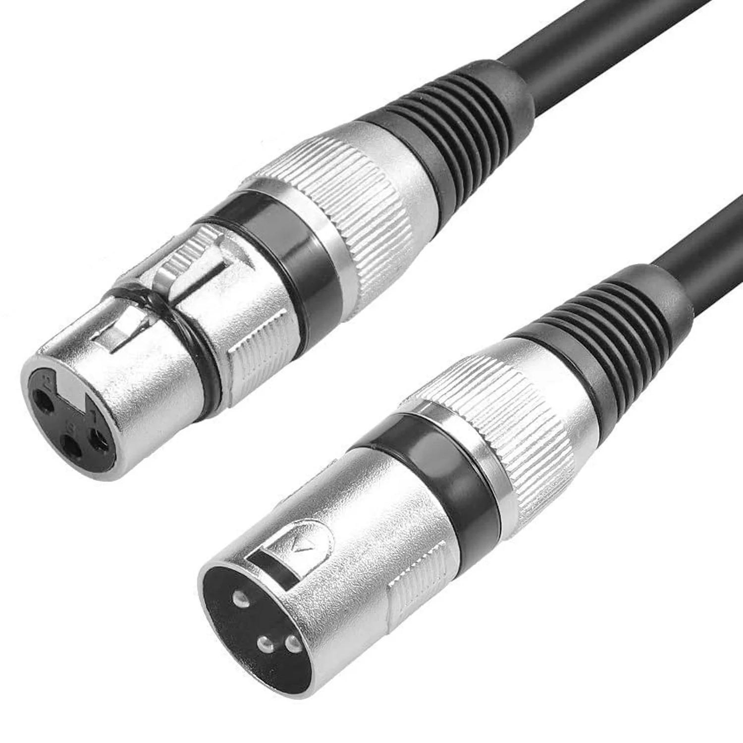 1m XLR male-to-female audio cable connectors, silver metal with black ribbed grips