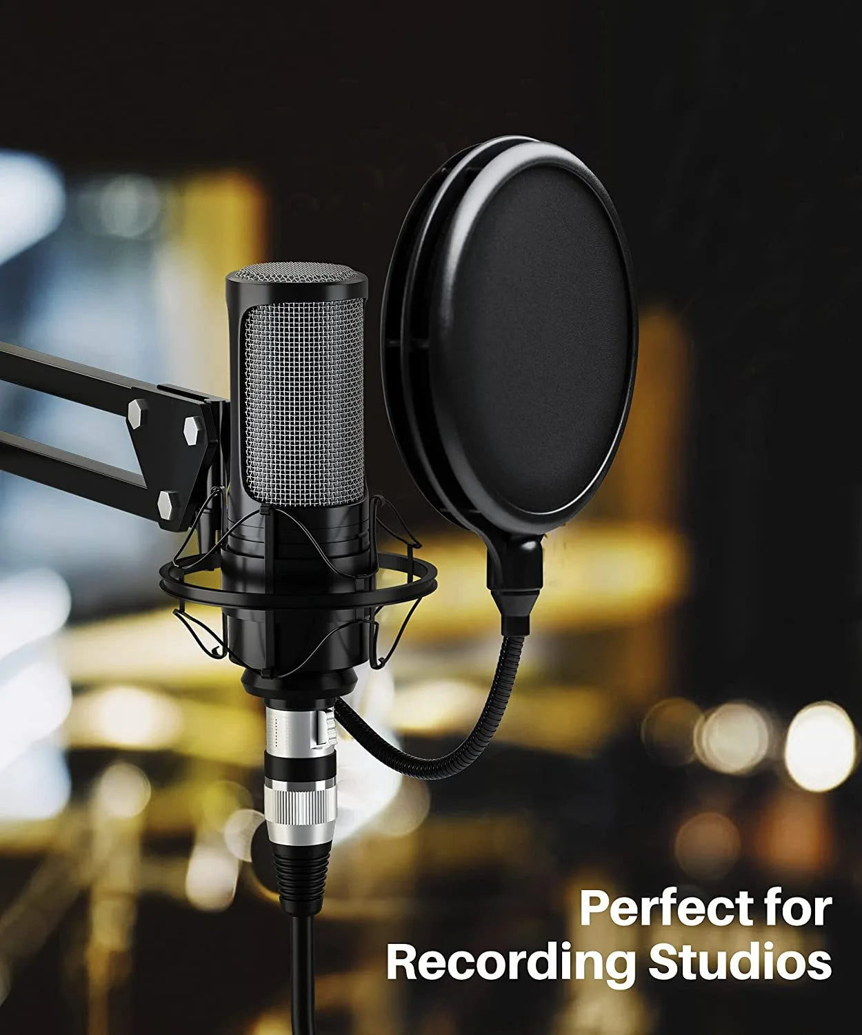 XLR audio cable with silver plug connected to a studio microphone