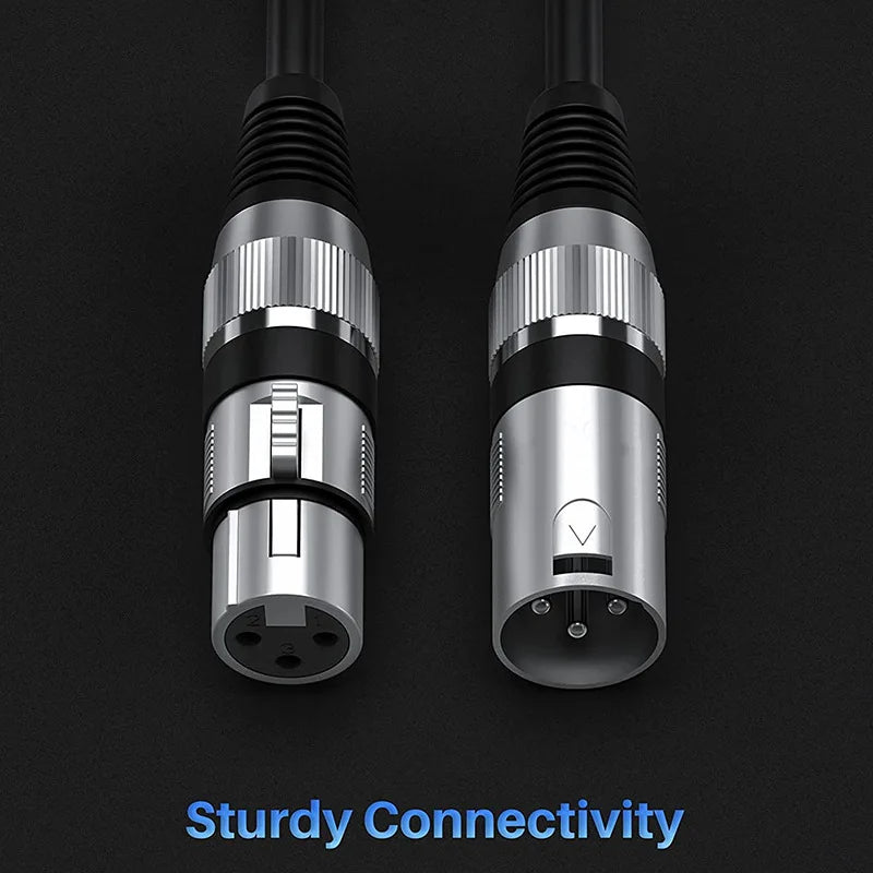 Pair of XLR audio cable connectors, silver metal tips with black ribbed shells