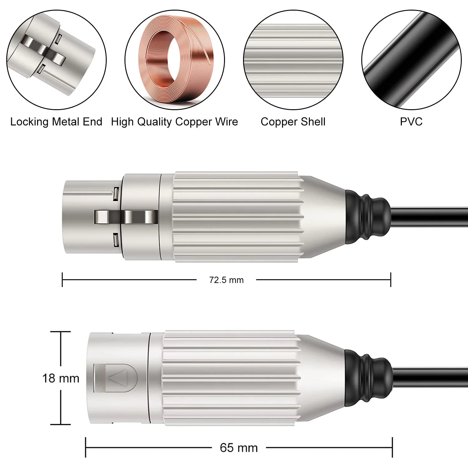XLR audio cable connector end showing copper wire, copper shell, and PVC jacket