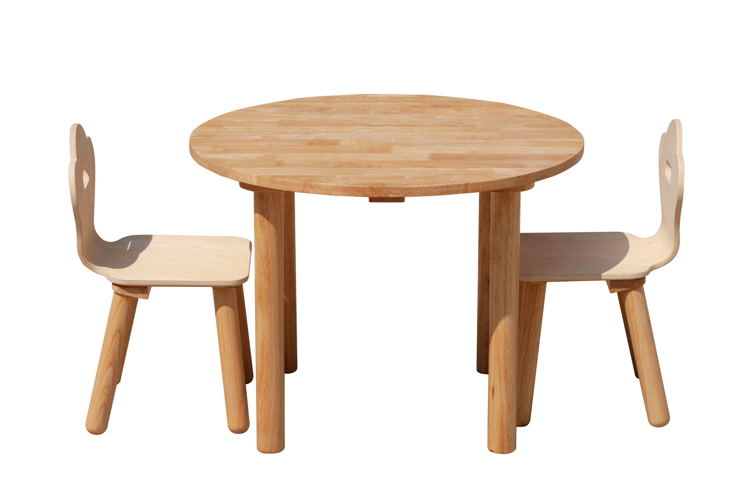 Round wooden table with two chairs, light oak tone