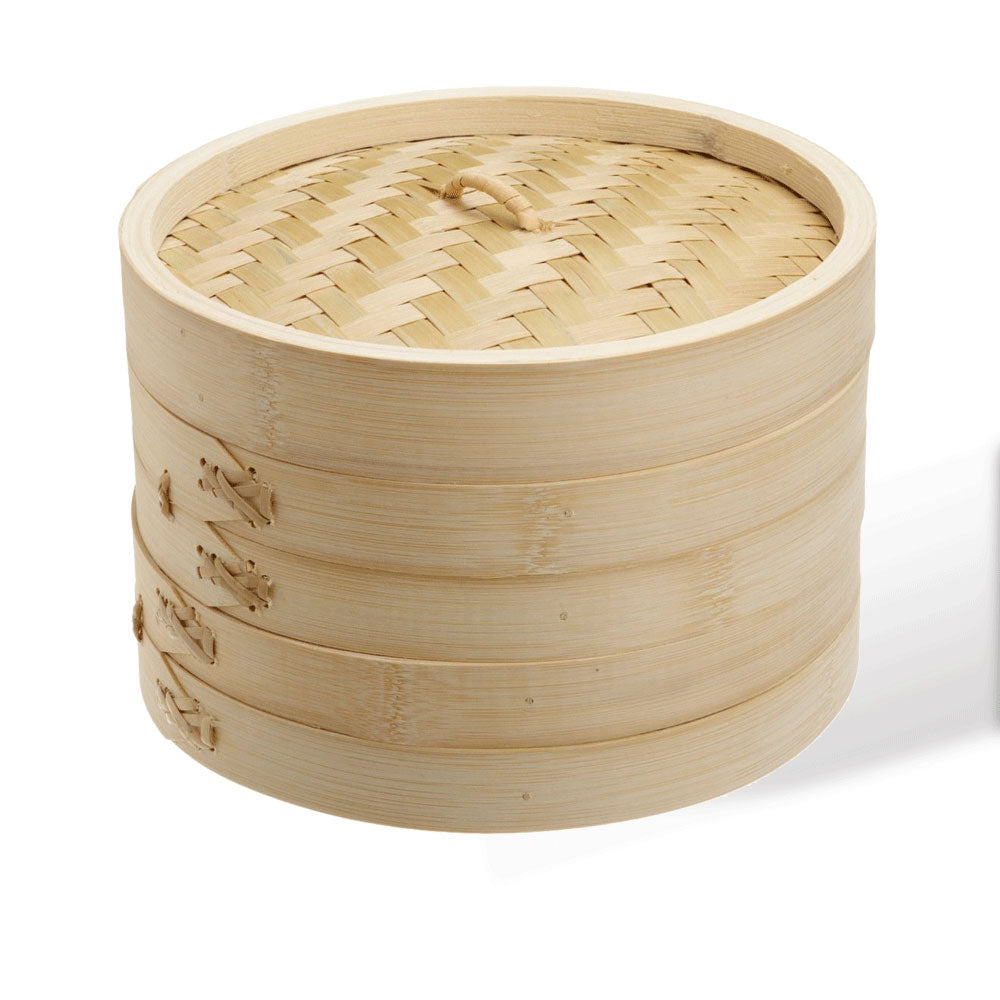 Round bamboo steamer basket with lid, woven bamboo construction