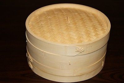 Round bamboo steamer set lid and basket, woven bamboo sides