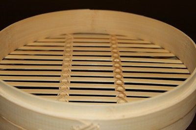 Bamboo steamer basket insert, open slatted base with cross-weave supports