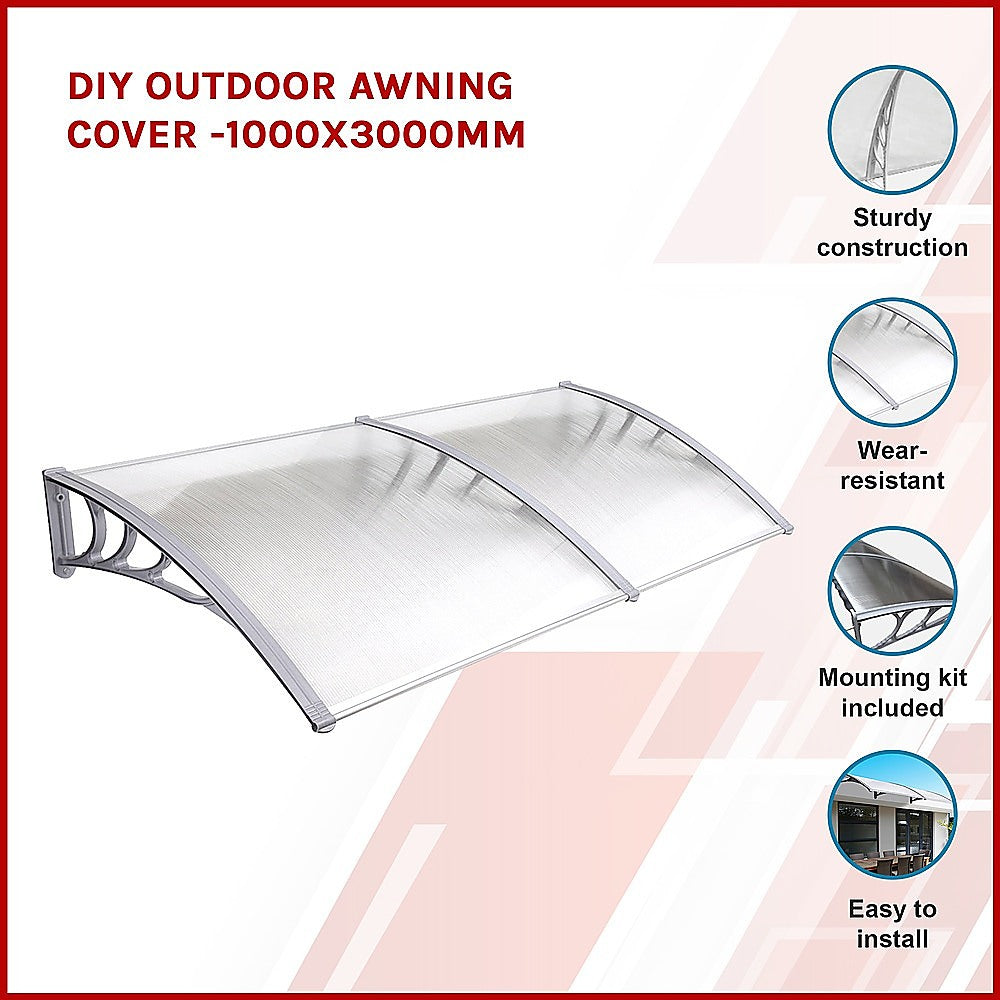 Outdoor awning cover with clear panel, curved frame, and mounting kit shown