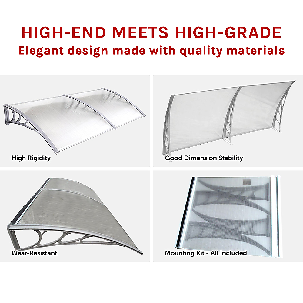 Outdoor awning cover with clear panels and curved gray metal frame details