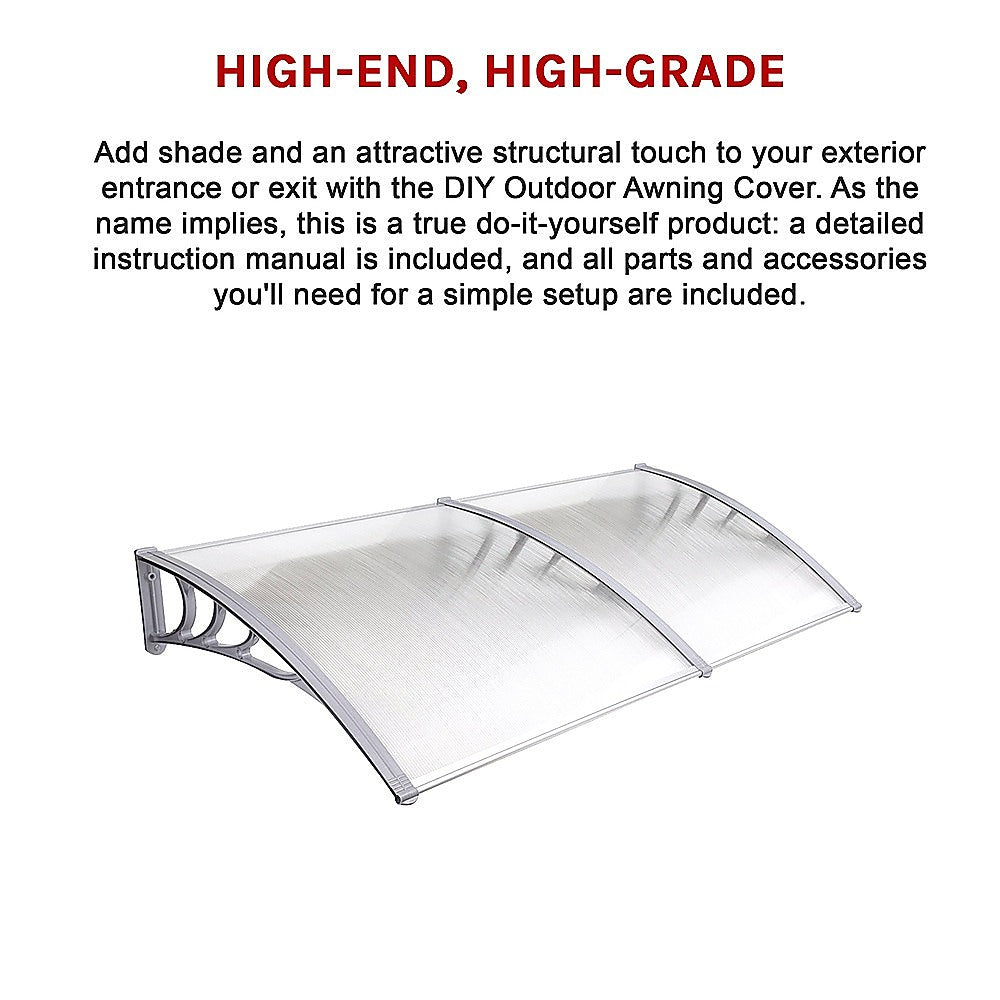 DIY outdoor awning cover with clear curved panel and gray metal frame
