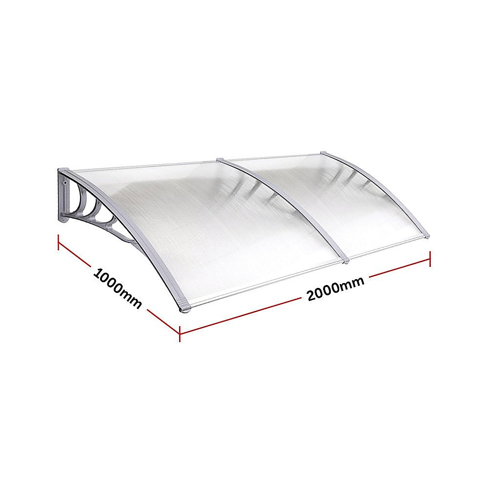 Outdoor awning cover with clear panel and gray frame with 1000x2000mm size marks